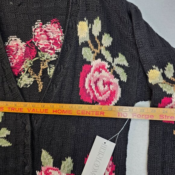 Floral Knit Cardigan Sweater XL Black Rose Pattern Button Front by Heirlooms - Picture 7 of 8